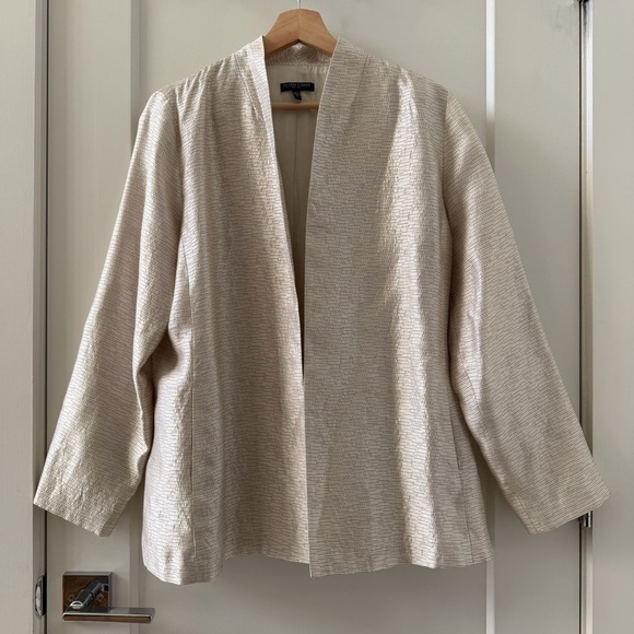 EILEEN FISHER SILK WOOL Textured Open Front Jacket Blazer Silver Champagne Sz PL